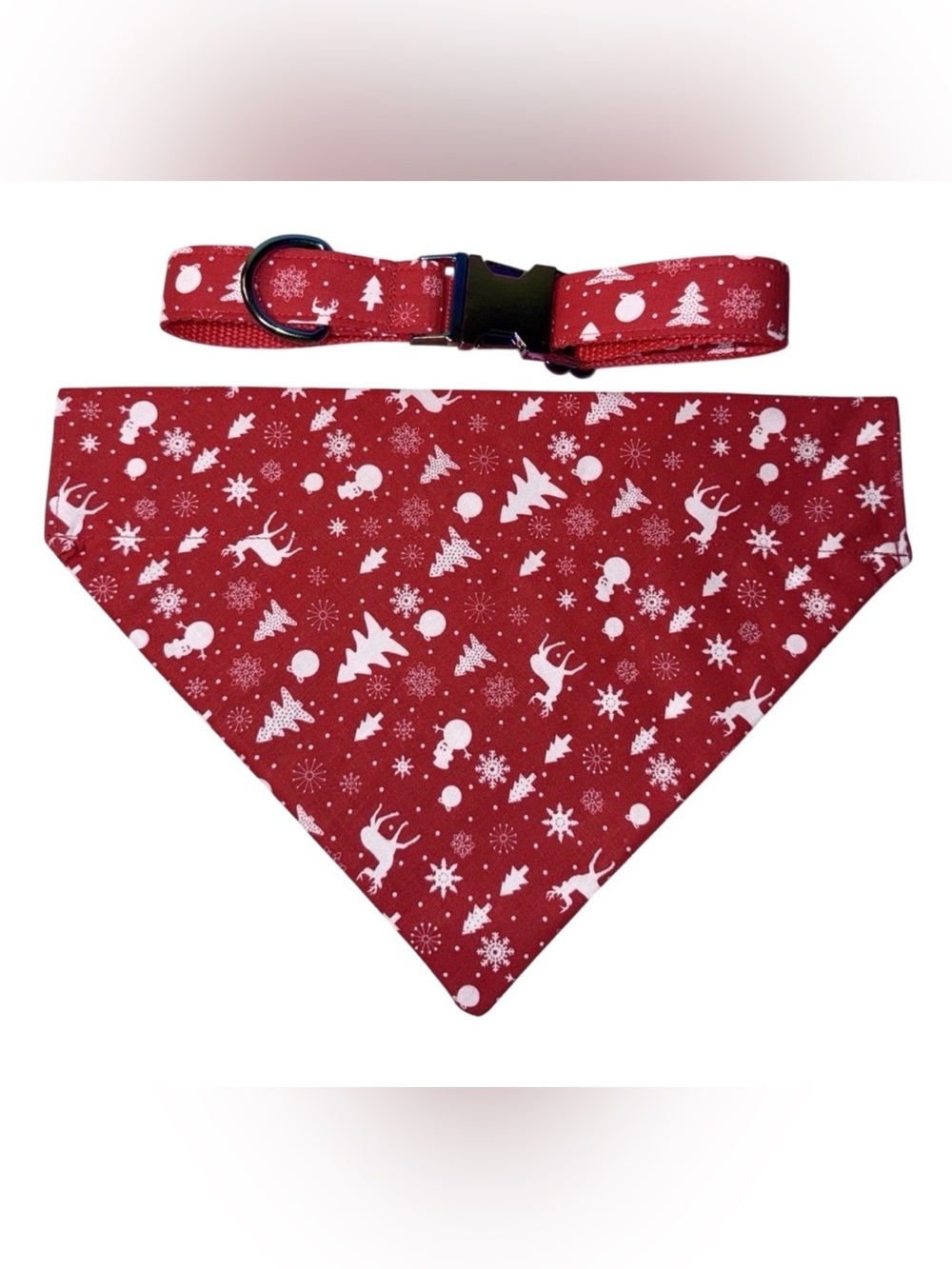 Dog Collar & Bandana Reindeer Red Christmas Theme Large Handmade Heavy Duty NEW